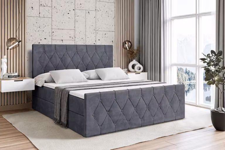 Letto boxspring ALTDECOR con materasso e rete a doghe - - VELANTO - 200x200 cm - Velluto grigio scuro - Letto boxspring, pediera, topper, letto imbottito con contenitore, letto con contenitore H4 - Materasso, letto matrimoniale, letto boxspring