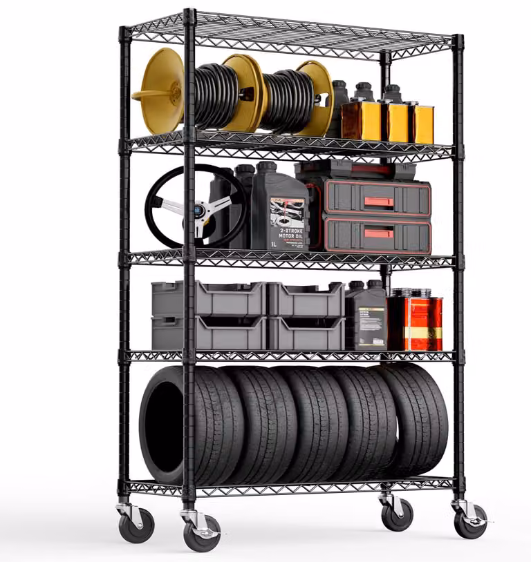Scaffale portaoggetti in metallo, mobile, con 5 ripiani regolabili, colore nero