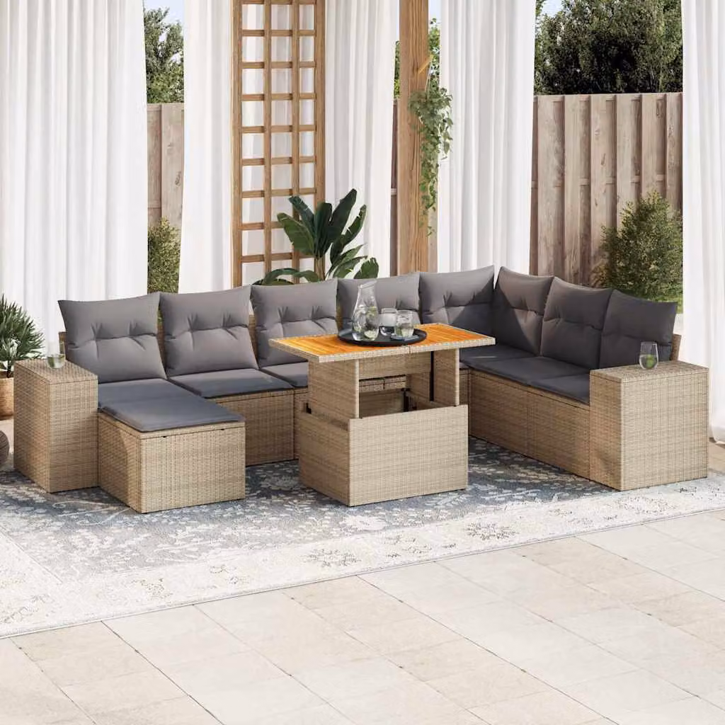 Set Divano da Giardino vidaXL 9 pz in Polyrattan e Legno di Acacia con Cuscini Beige e Grigio