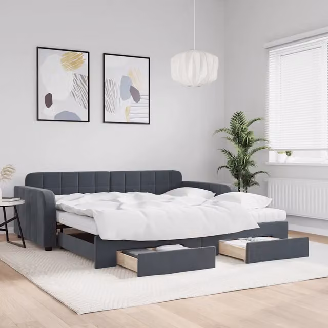 Divano Letto Estraibile con Cassetti vidaXL in Velluto Grigio L: 100 cm, P: 200 cm – 1