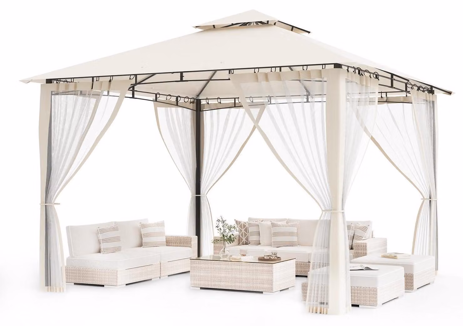 Gazebo da giardino, 3,4x3,4 metri, impermeabile, con tetto a due falde e zanzariera, color beige