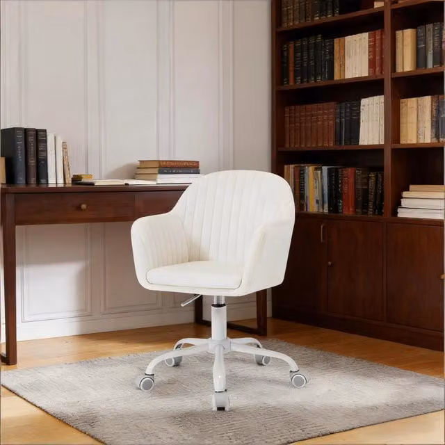 Sedia da ufficio ergonomica OKWISH girevole in velluto e metallo bianco con braccioli e ruote