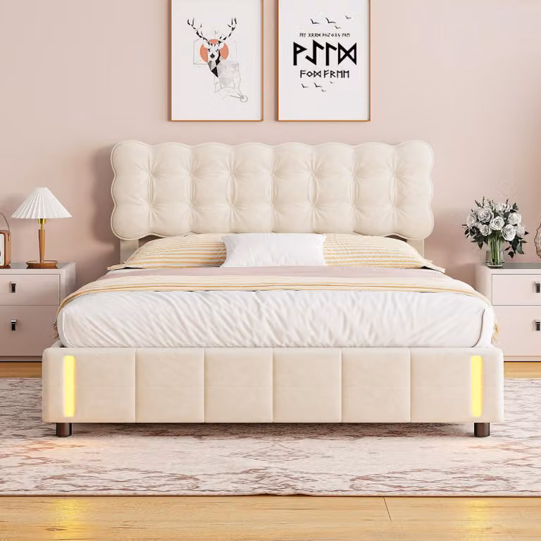 letto contenitore da 160 x 200 cm con rivestimento in velluto beige e rete a doghe illuminata a LED