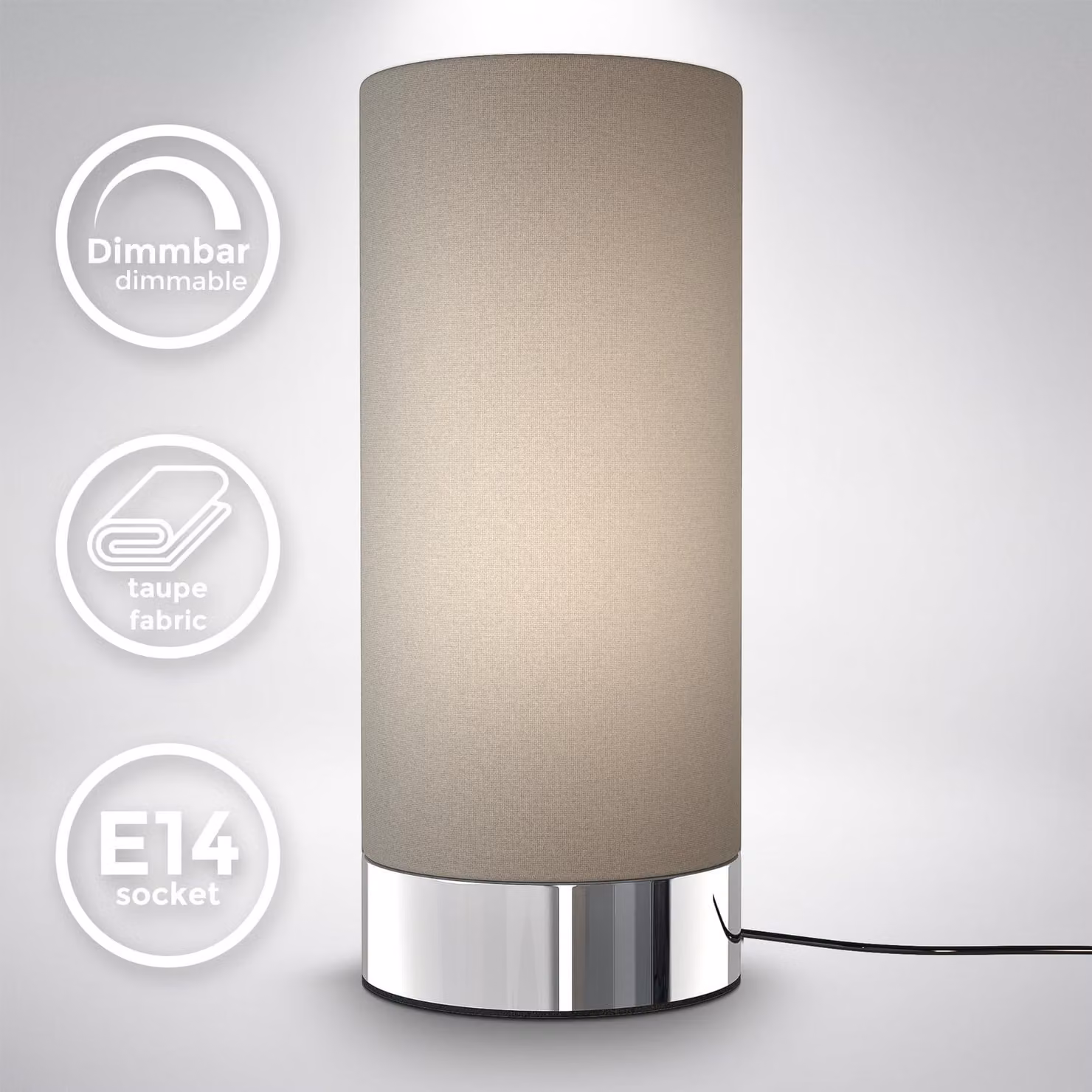 B.K.Licht I lampada da tavolo in tessuto Talpa I funzione touch I funzione touch I 3 volte dimmerabile I E14 I base cromata I senza lampadina