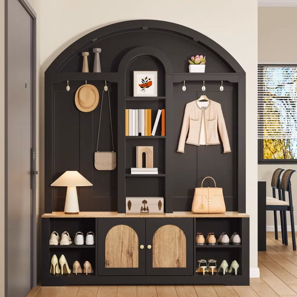 Armadio da ingresso moderno in MDF e metallo nero opaco con illuminazione integrata e ripiani, L: 150 cm, P: 40 cm, H: 195 cm – 2