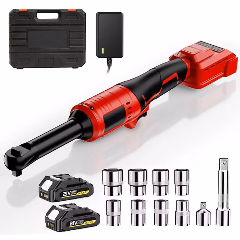 Chiave a cricchetto elettrica a batteria – Senza fili – Motore brushless – 100 Nm – Albero allungato di 15 cm – Attacco quadrato da 9,5 mm – 2 batterie