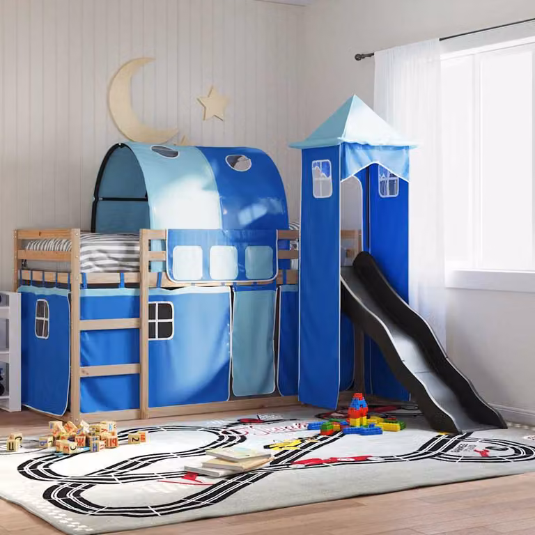 vidaXL Letto a Castello per Bambini in Legno di Pino con Scivolo e Tende Blu e Antracite L/P: 80 x 200 cm