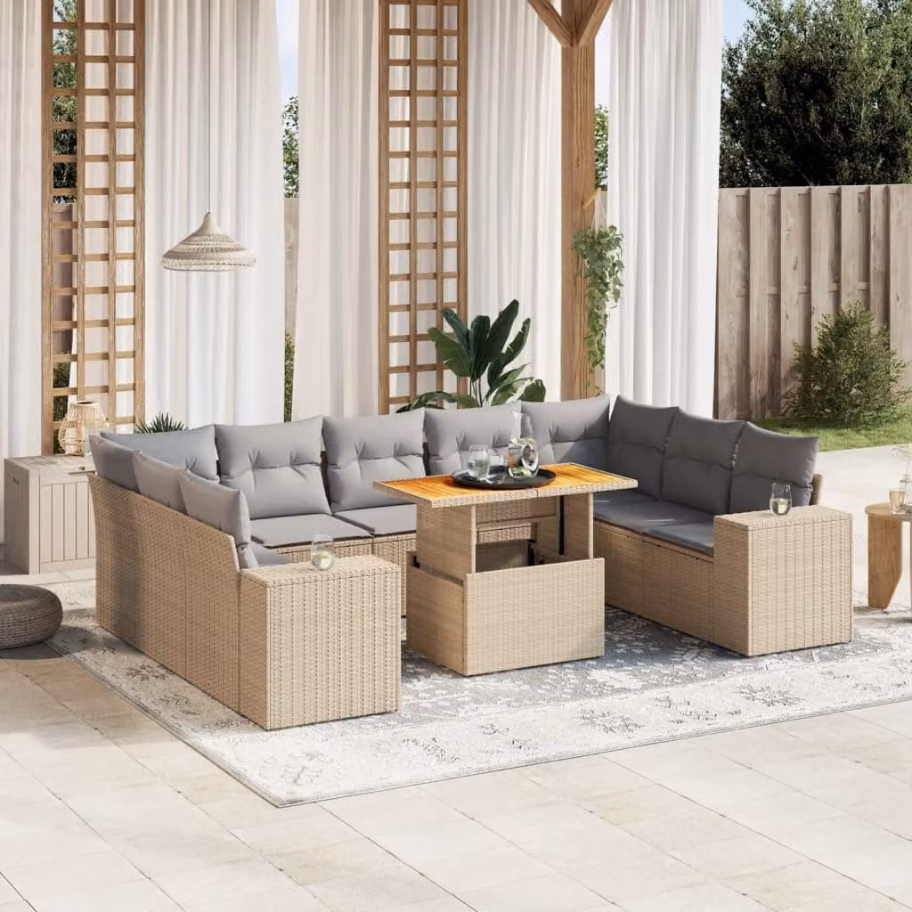 vidaXL Set Divano da Giardino 10 pz a Forma a L con Cuscini Beige e Tavolino, Struttura in Metallo e Legno di Acacia – 1