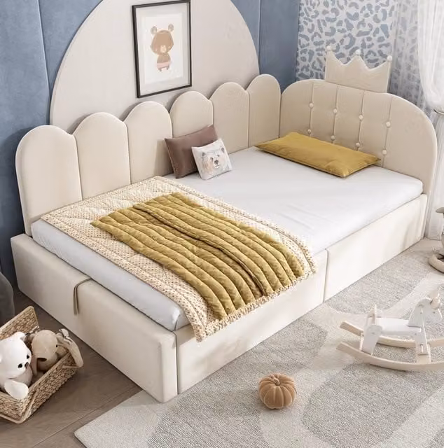 Letto da giorno ULEVR 90x200 cm con contenitore idraulico, design corona e griglia, velluto beige