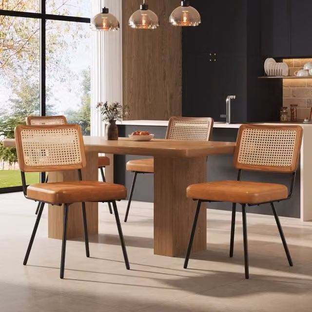 Sedia da pranzo REDOM in ecopelle e metallo marrone con dettagli in rattan in stile retro L: 61 cm, P: 46 cm, H: 79 cm – 1