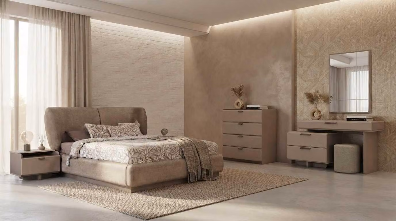 Set per camera da letto: letto, comodini, cassettiera. Colore: beige. Stile: moderno, elegante