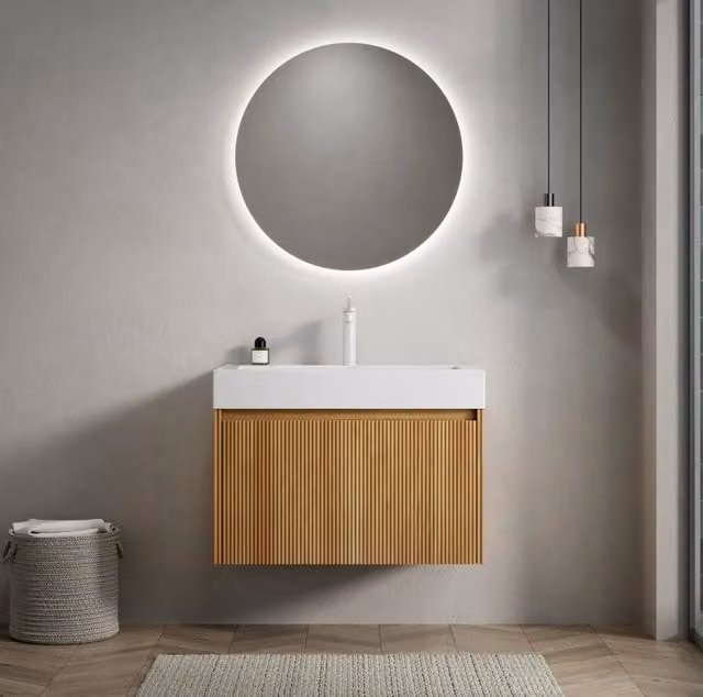 Mobile bagno sospeso con lavabo integrato in resina; cassetto LED soft-close; rovere naturale e bianco