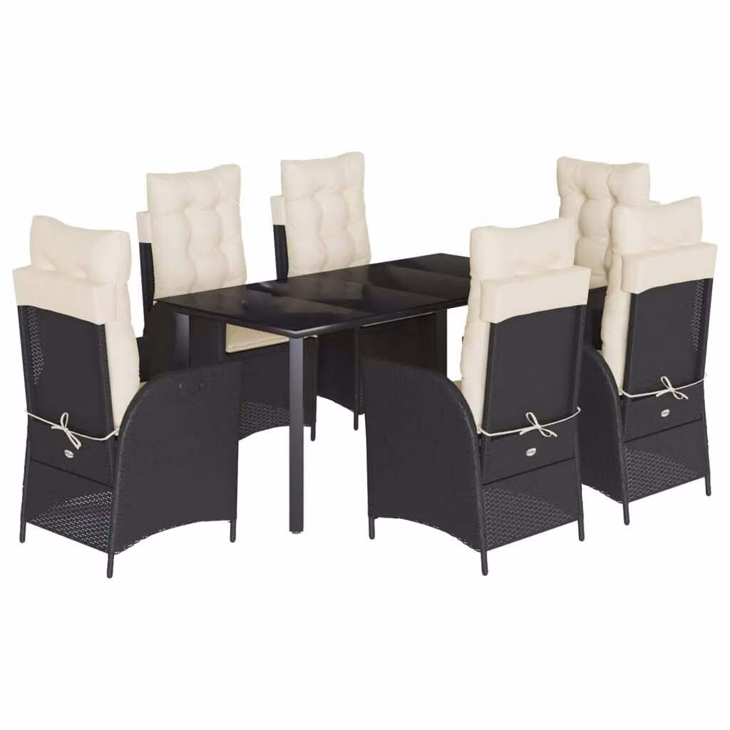 Set da Pranzo da Giardino 7 pz Nero con Cuscini in Polyrattan