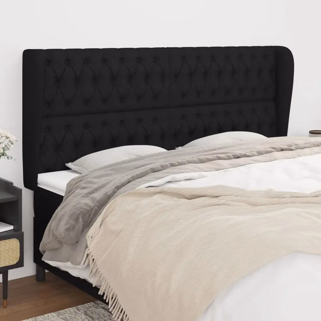 Testata del letto ad orecchio nera in tessuto con struttura in legno di larice L: 203 cm, P: 23 cm, H: 118/128 cm – 2