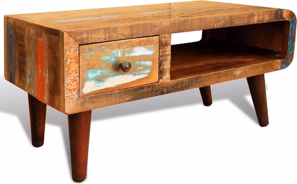 Tavolino con lato arrotondato e 1 cassetto in legno di recupero