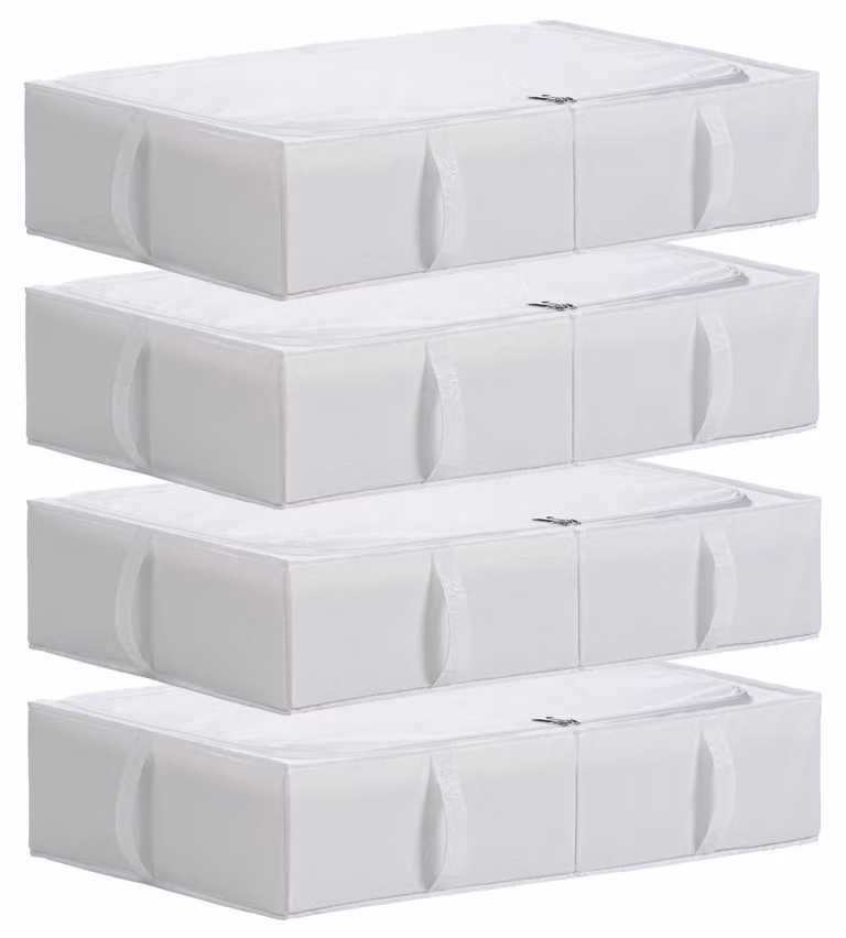 Contenitore sottoletto, dimensioni 70 x 42 x 18 cm, confezione da 4 pezzi, tessuto bianco, pieghevole, ideale per riporre vestiti