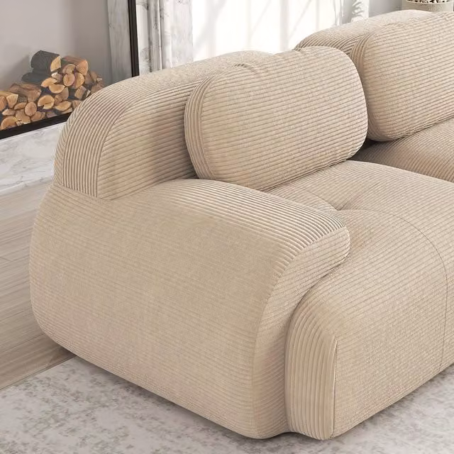 Divano angolare Minimal beige in tessuto con cuscini, design moderno a L con seduta sinistra – 1