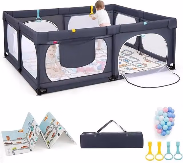 Box per Bambini Costway con Materassino e 50 Palline Colorate, Recinto Pieghevole con Rete Traspirante e Tasca, L/P: 189 x 158 cm, Grigio Scuro – 1