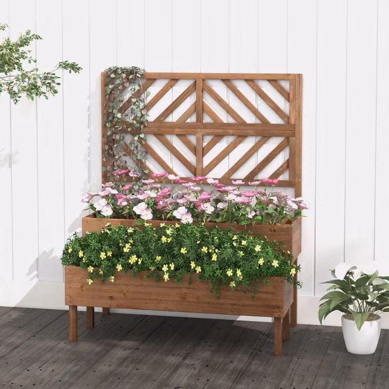 Costway Cassetta da giardino rialzata a 2 livelli con trellis e fori di drenaggio, Marrone