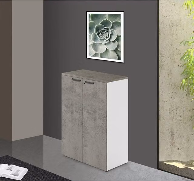Mobile da ufficio due ripiani ante con serratura colore Cemento H129x90x45cm
