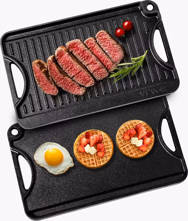 Piastra grill reversibile Padella BBQ in ghisa pre-stagionata 185x342 mm