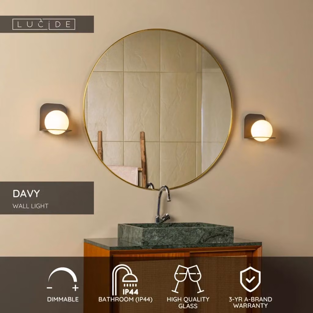Applique da bagno moderna Lucide DAVY in metallo nero e vetro bianco a sfera con lampadina G9, protezione IP44 – 2