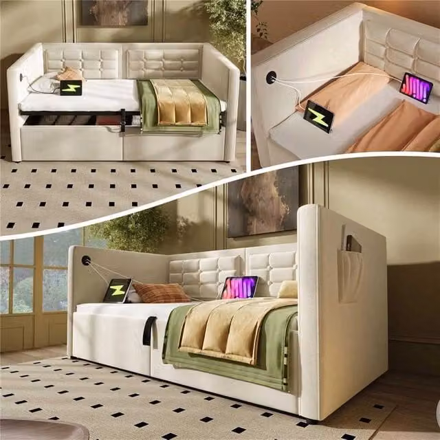 Letto imbottito divano letto 90x200 cm con contenitore idraulico e ricarica USB e Type-C, rete a doghe in legno, velluto, beige, senza materasso