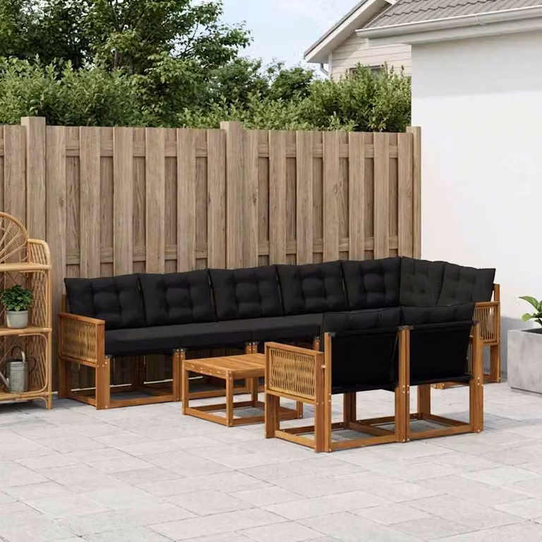 Set di divani da esterno moderno vidaXL in legno di acacia e textilene, 9 pezzi, Naturale e Nero