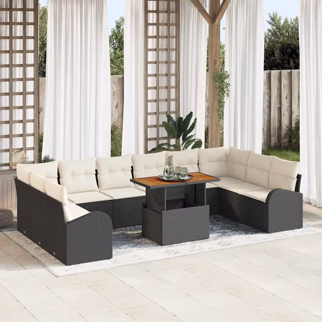 Set Divano da Giardino vidaXL 11 pz in Polyrattan con Cuscini Nero e Beige – 1