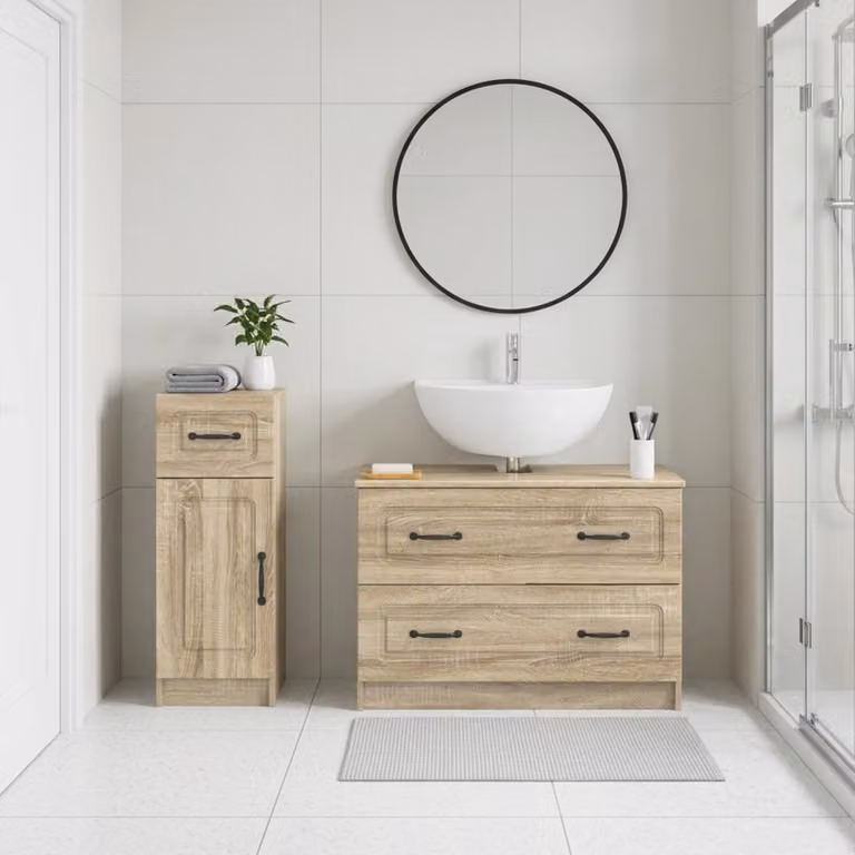 Set di mobili da bagno vidaXL UTRECHT composto da mobile lavabo e mobile contenitore, colore Rovere Sonoma, design moderno con ante a cerniera e ripiani interni