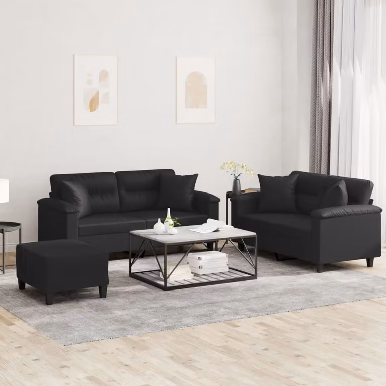 vidaXL Set di Divani 3 Pezzi Moderno in Similpelle Nera con Cuscini