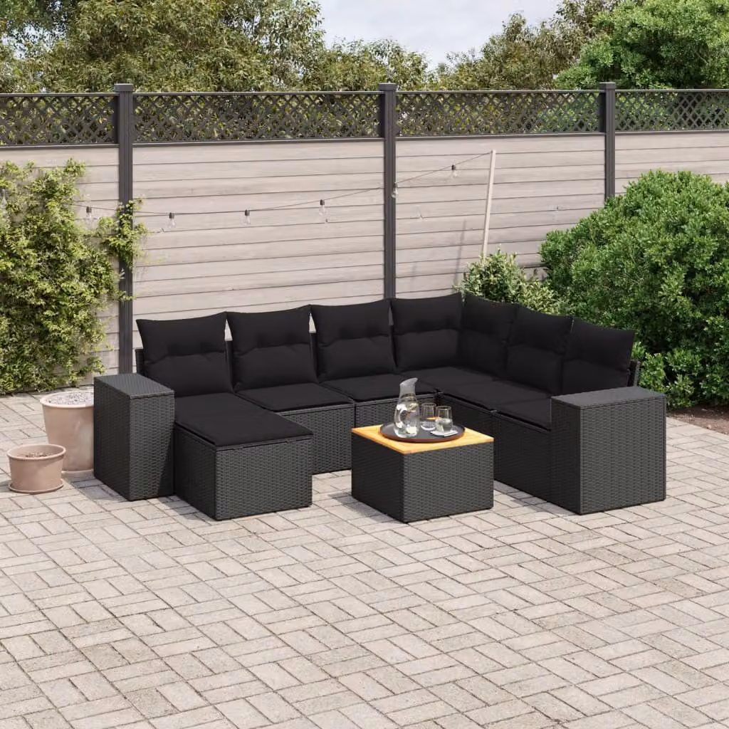 Set Divani da Giardino a L vidaXL in Polyrattan Nero con 8 Cuscini e Tavolino – 1