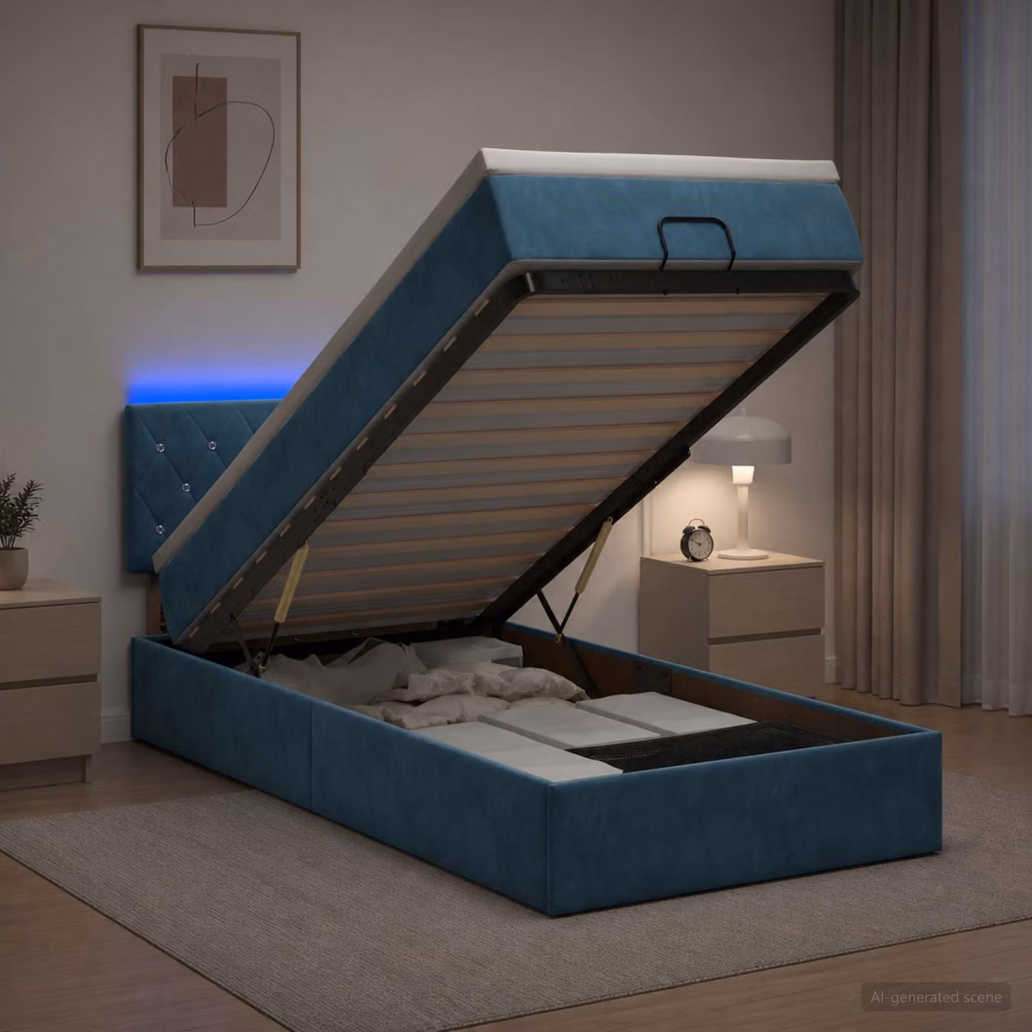 Letto Ottomano vidaXL con Materasso Ibrido e Illuminazione LED Sotto il Letto in Velluto Blu, L 90 x P 200 cm