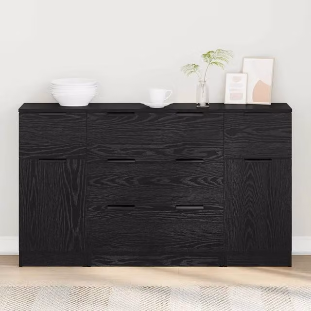 Credenza con cassetto 3 pz-Set di 3 Buffet-Armadio da cucina Rovere Nero Legno multistrato 130022
