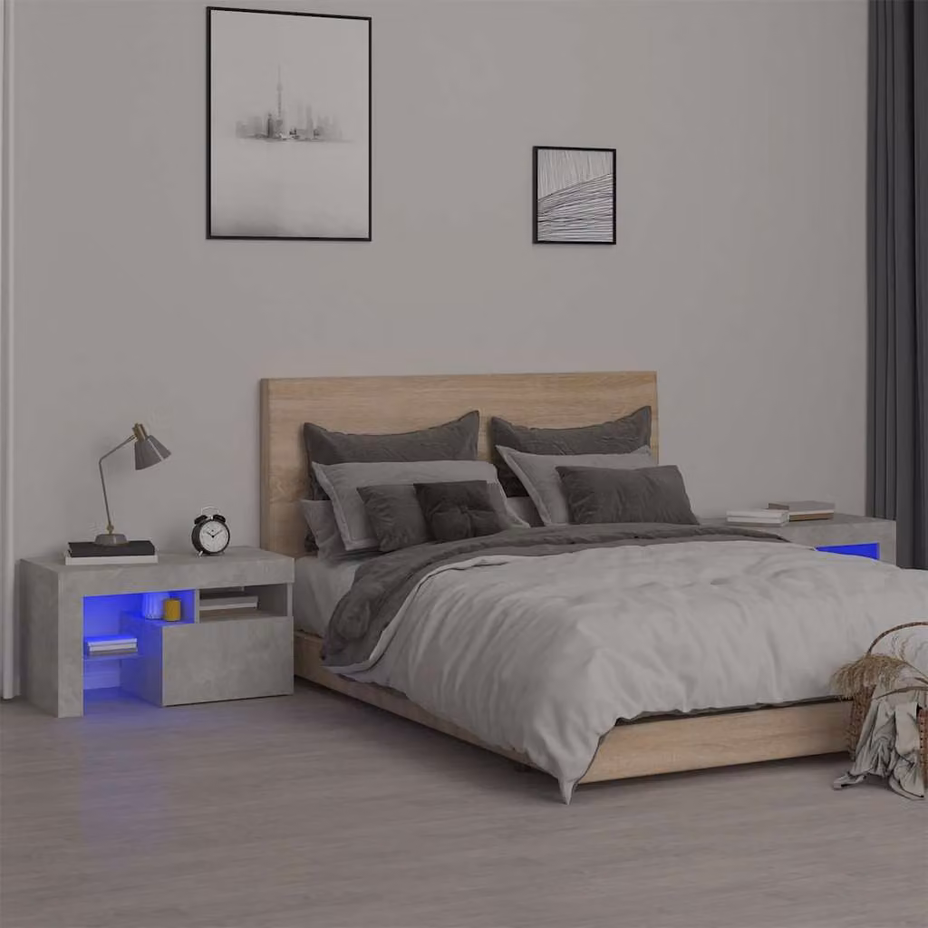 Set di 2 comodini vidaXL con luci LED integrate, colore grigio cemento, L 70 cm x P 36,5 cm x H 40 cm