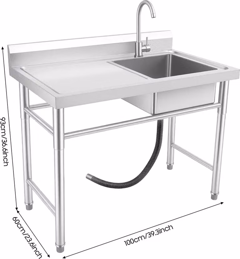 Lavello indipendente - Lavello professionale - 100x60x93 cm - Lavello a un bacino con rubinetto a 360° - Acciaio inossidabile 201, 1 mm di spessore - Capacità di carico: 200 kg - Argento chiaro
