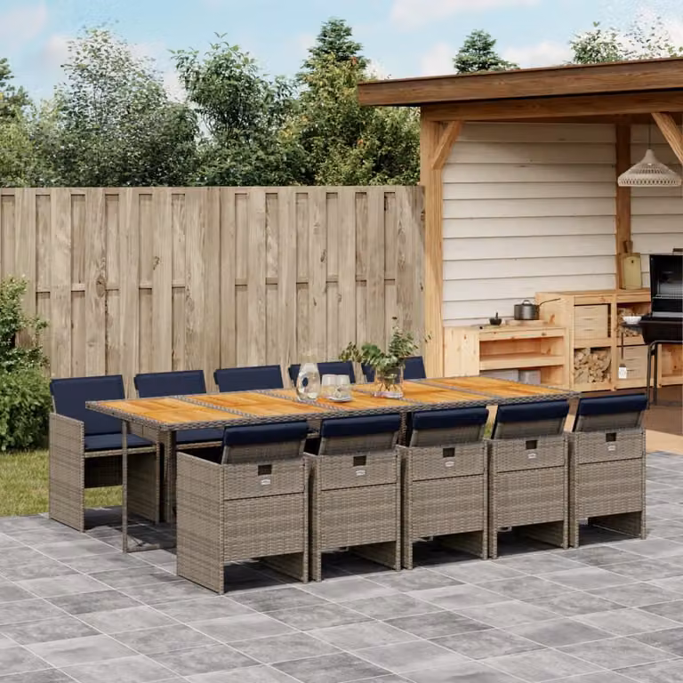 Set da pranzo da giardino vidaXL in polyrattan e legno di acacia con 11 pezzi e cuscini, colore grigio