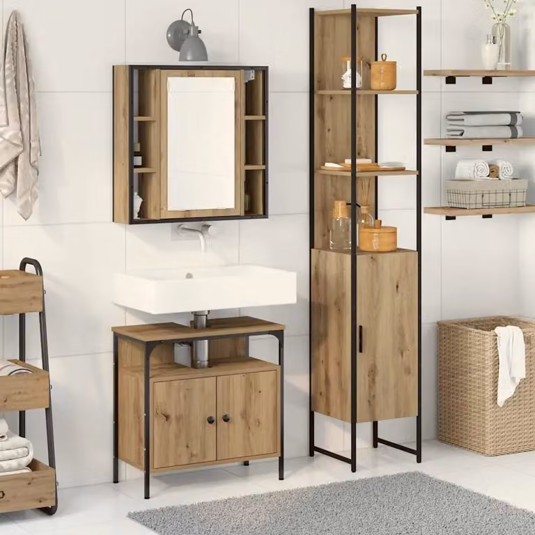 Set di mobili per il bagno moderno vidaXL composto da mobile lavabo, armadietto pensile con specchio e colonna alta, colore marrone