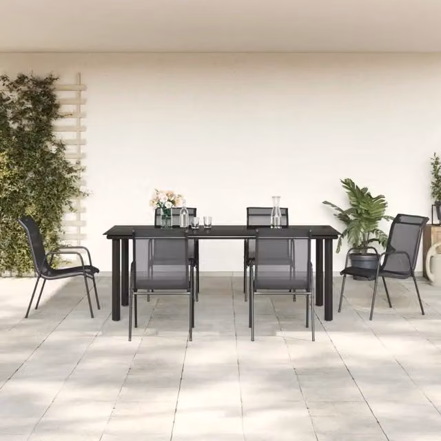 Set da Pranzo da Giardino 7 pz Nero in Acciaio e Textilene 3200696