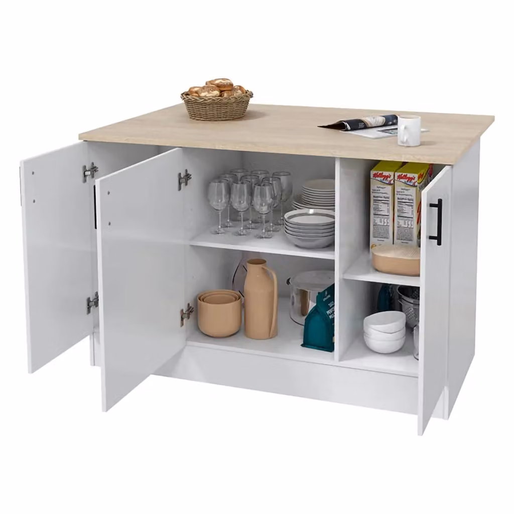 Isola da cucina DMORA con 3 ripiani e ante a battente, finitura legno rovere e bianco lucido, L: 138 cm, P: 94 cm, H: 90 cm – 2