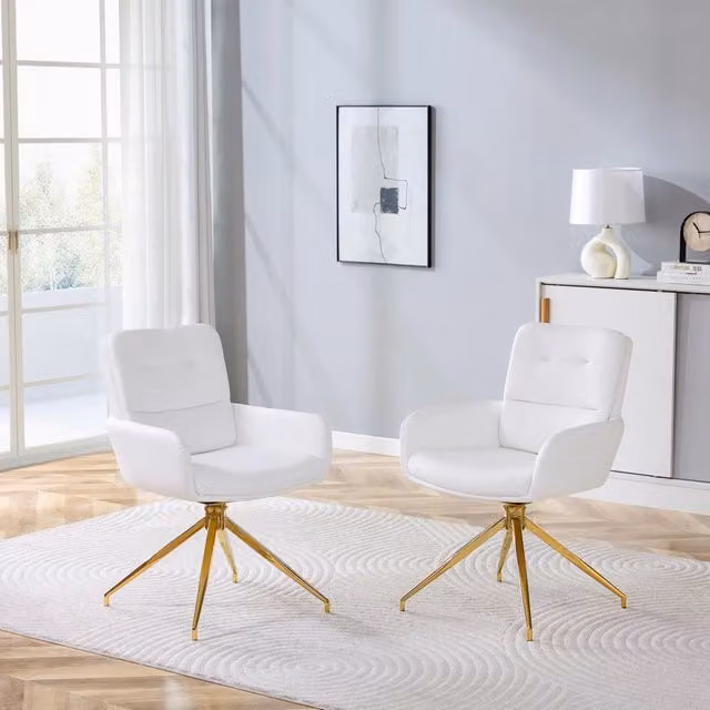 [Set di 2] Sedia girevole europea dal design leggero e lussuoso: rivestimento in PU bianco + gambe in metallo color oro, rotazione fluida a 360¡ã, set
