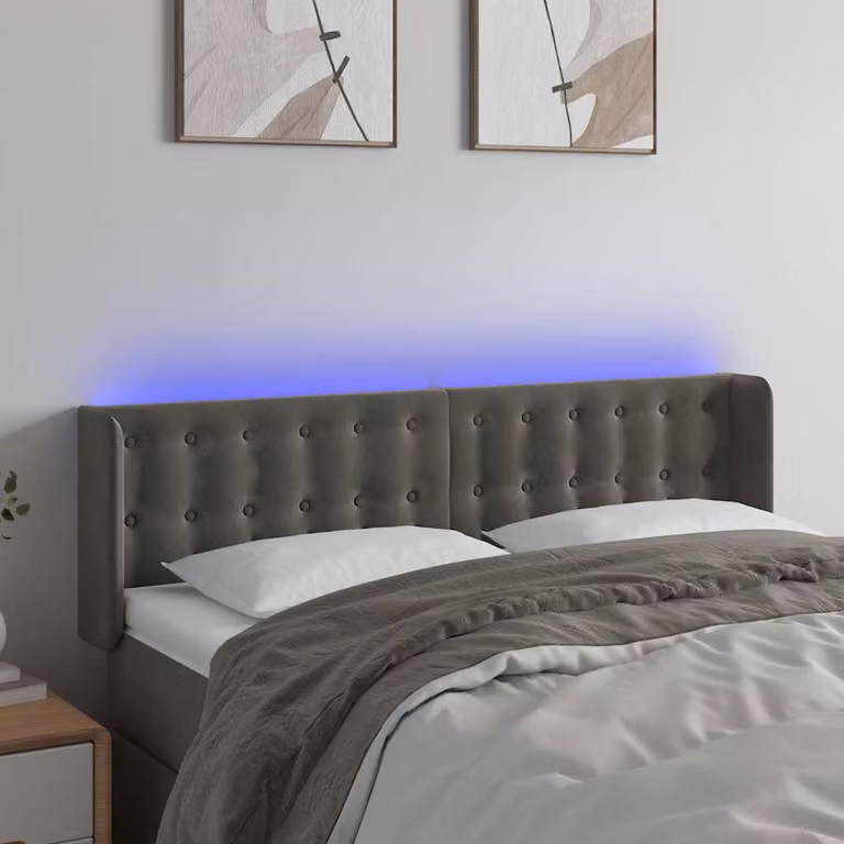 Testiera per letto vidaXL in velluto grigio con illuminazione LED e porta di ricarica USB, L: 147 cm, P: 16 cm, H: 78/88 cm