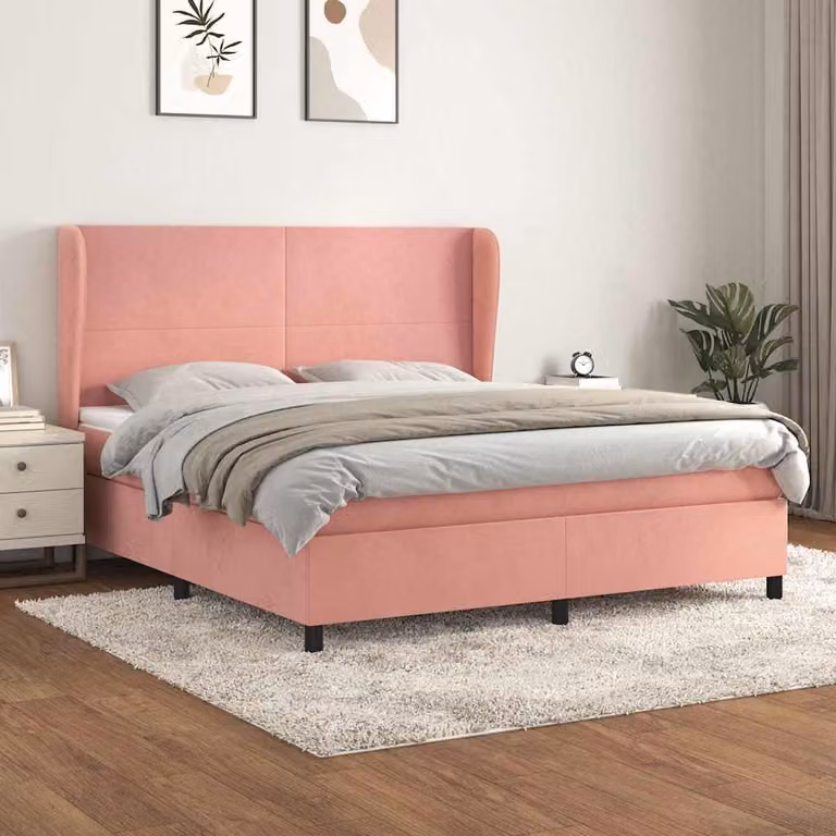 vidaXL Giroletto a Molle con Materasso Ibrido in Velluto Rosa e Bianco L/P/H: 160 x 200 cm