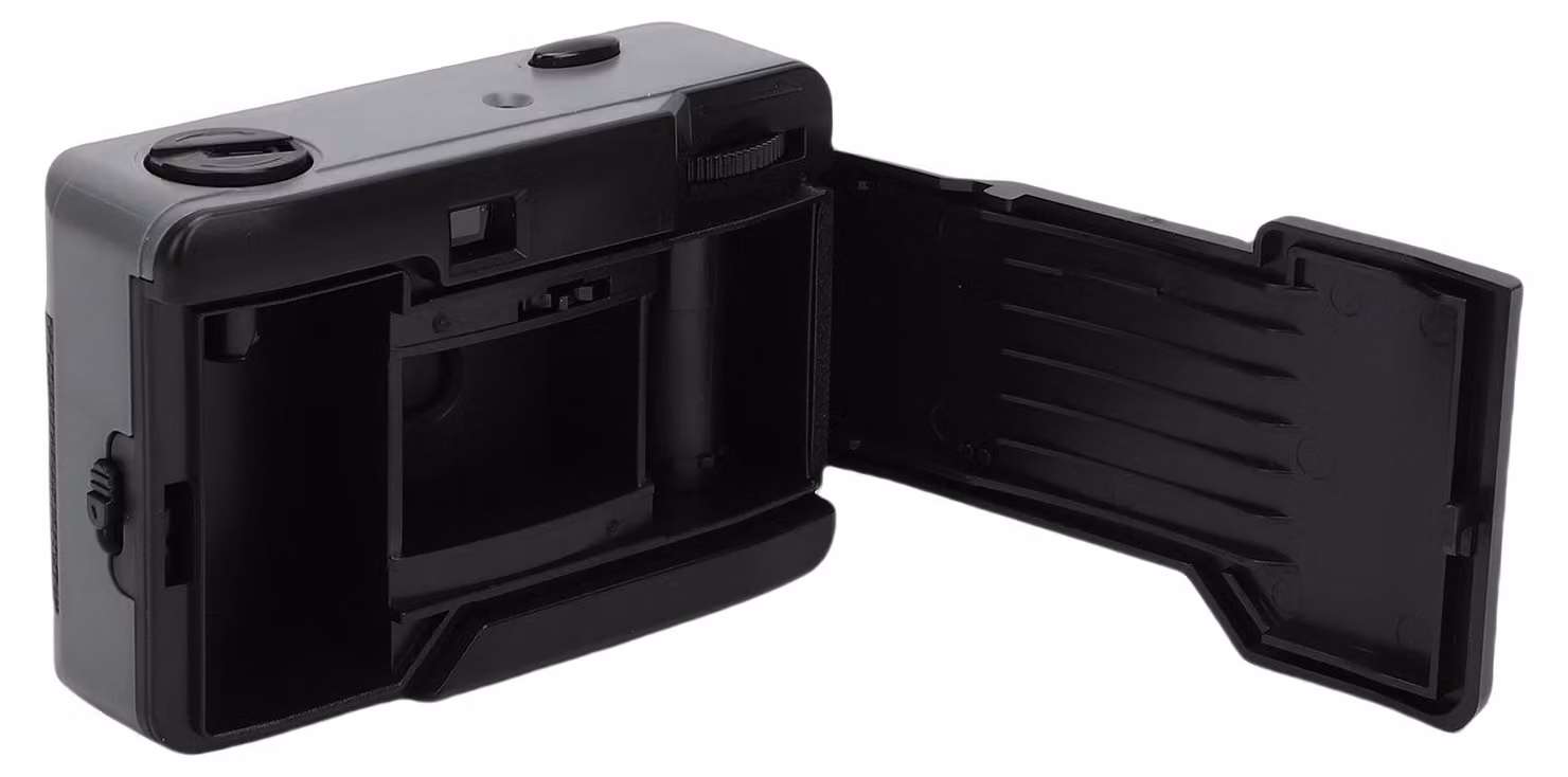 Macchina fotografica in stile vintage da 35 mm, riutilizzabile, con flash integrato per la fotografia di viaggio, nera