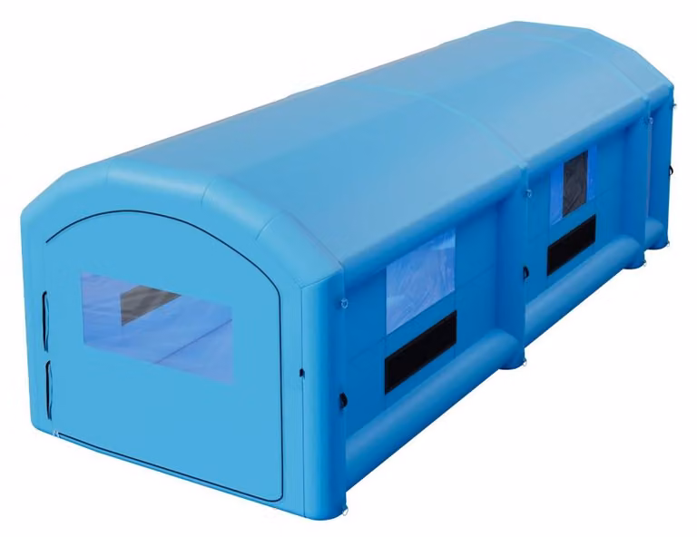 Cabina di verniciatura gonfiabile, dimensioni 12x5x4 metri, colore blu, con ventole da 950 W e 1100 W, realizzata in tessuto Oxford