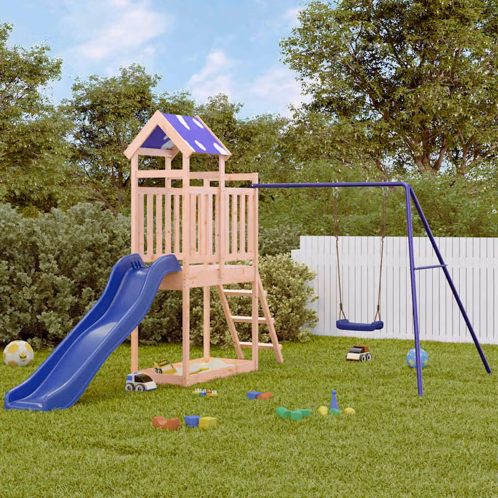 vidaXL Set da Gioco da Esterno in Legno Massello di Douglas con Scivolo, Altalena, Sabbiera e Tenda, Multicolore – 1
