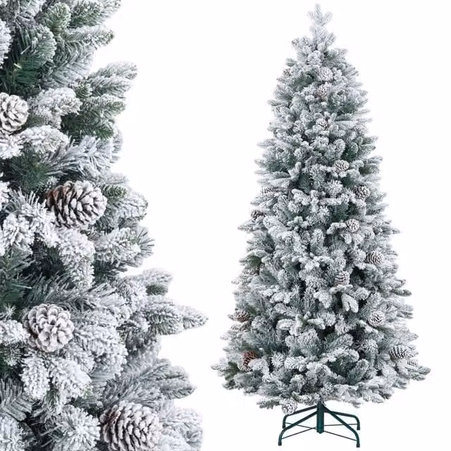 Albero di Natale Minimal con pigne e rami innevati verde, Altezza: 180 cm – 1