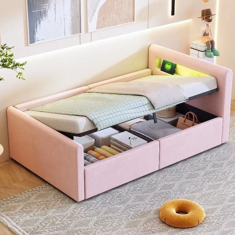 Letto imbottito per bambini, dimensioni 90x200 cm, rivestito in velluto rosa, con luce notturna a LED, porta USB, ripiano e spazio contenitore con sistema idraulico