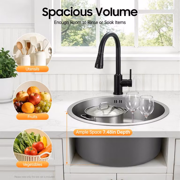 Mobiletto da cucina rotondo con base in metallo spazzolato, lavello con scarico rapido di tipo S