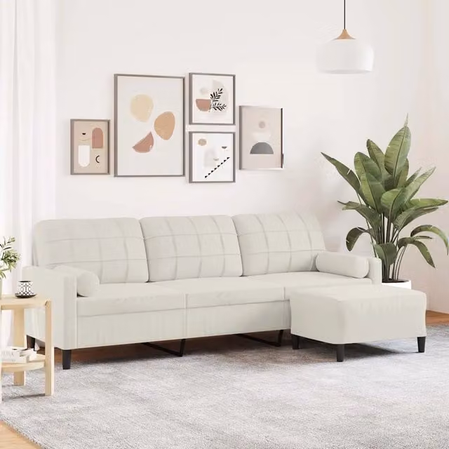 Divano a 3 posti con poggiapiedi vidaXL in velluto beige e bianco, L: 226 cm, P: 80 cm, H: 77 cm